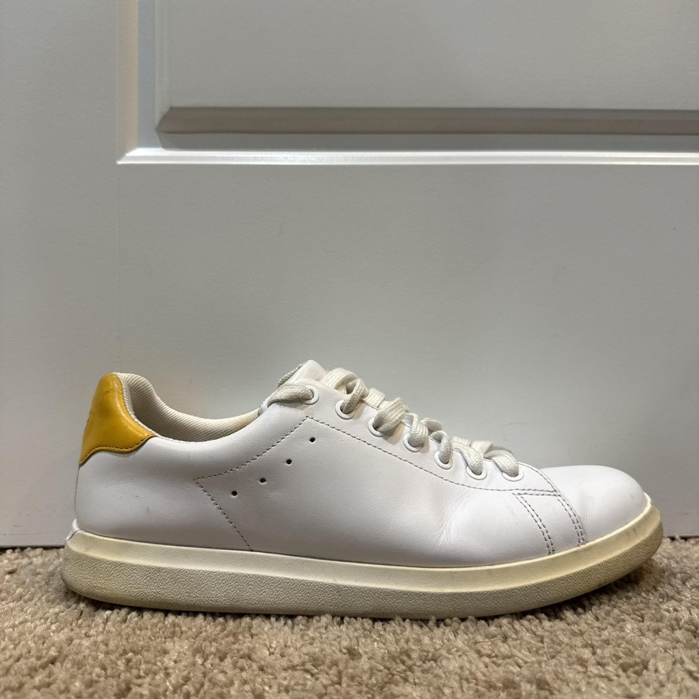 Tory Burch Shoes Womens Size 8.5 White Leather Low Top Sneakers Yellow Heel